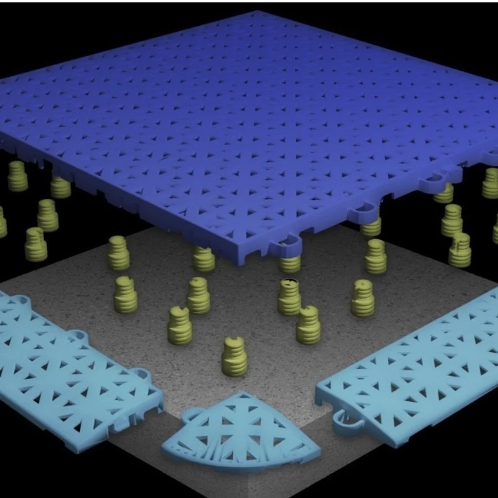 Esquema do sistema de piso modular: placa, amortecedores de impacto e rampa de acabamento