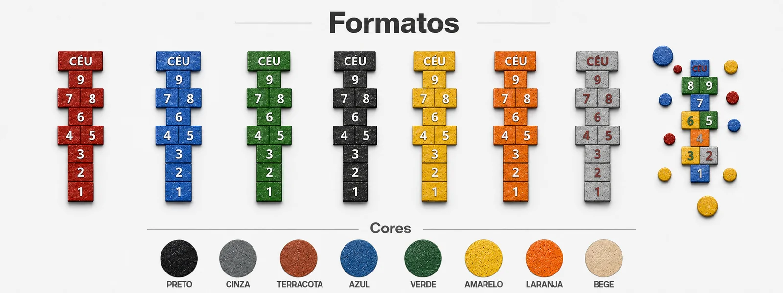 Esquema de amarelinhas SKOPPOS com formatos e oito cores de piso